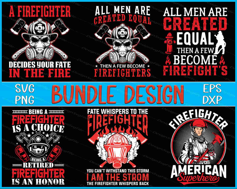 Collection of firefighter-themed designs with text and graphics on a black background.