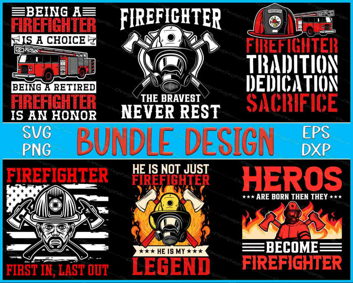 Collection of firefighter-themed designs with text and graphics on a black background.