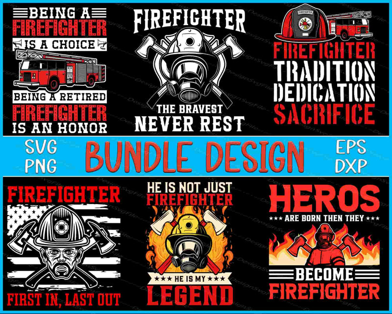 Collection of firefighter-themed designs with text and graphics on a black background.