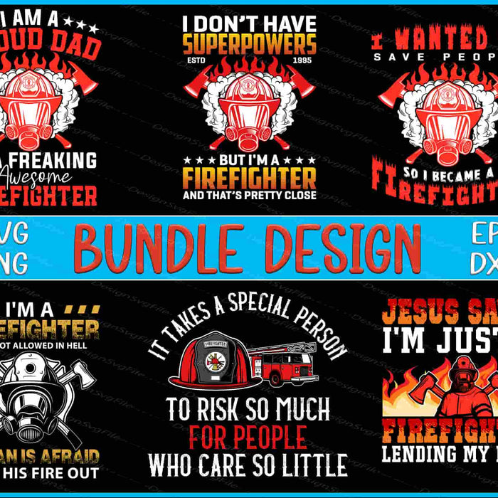 Collection of firefighter-themed t-shirt designs with text and graphics on a black background.
