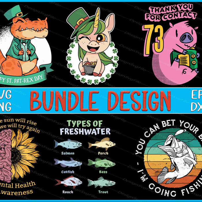 Collection of graphic designs with text and illustrations on a black background