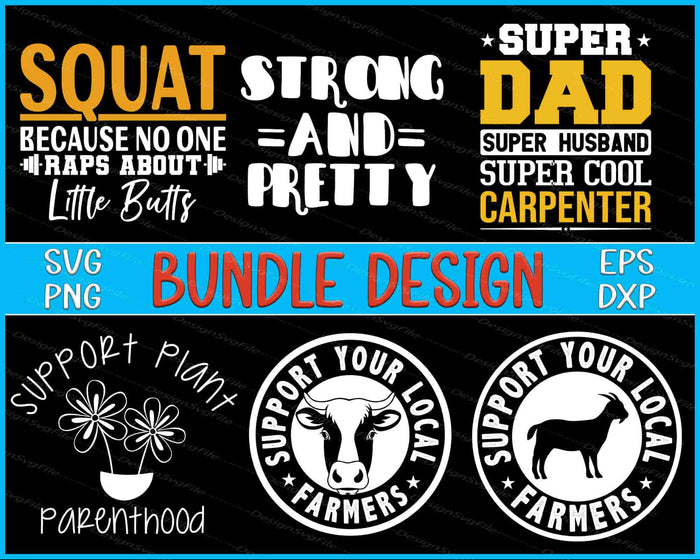 Collection of humorous and motivational text designs with icons on a black background.
