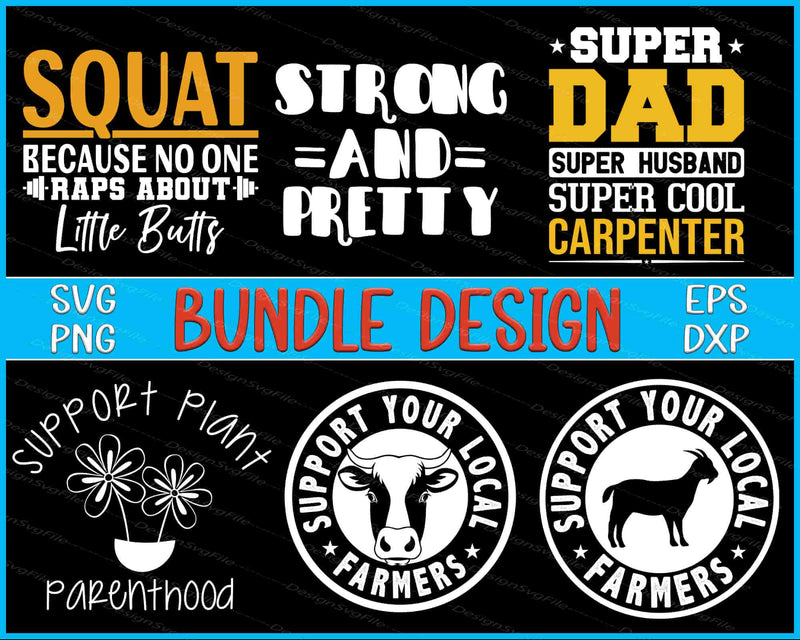 Collection of humorous and motivational text designs with icons on a black background.