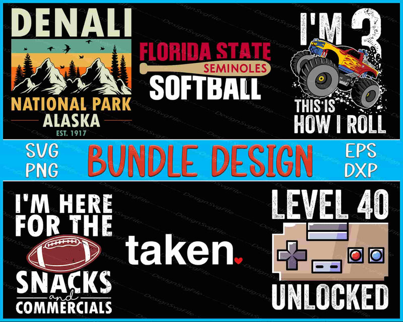 Collection of various graphic designs with text and icons on a black background.