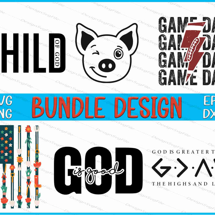 Collection of various design bundles with text and graphics on a white background.