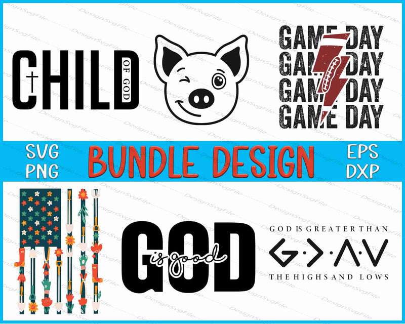 Collection of various design bundles with text and graphics on a white background.