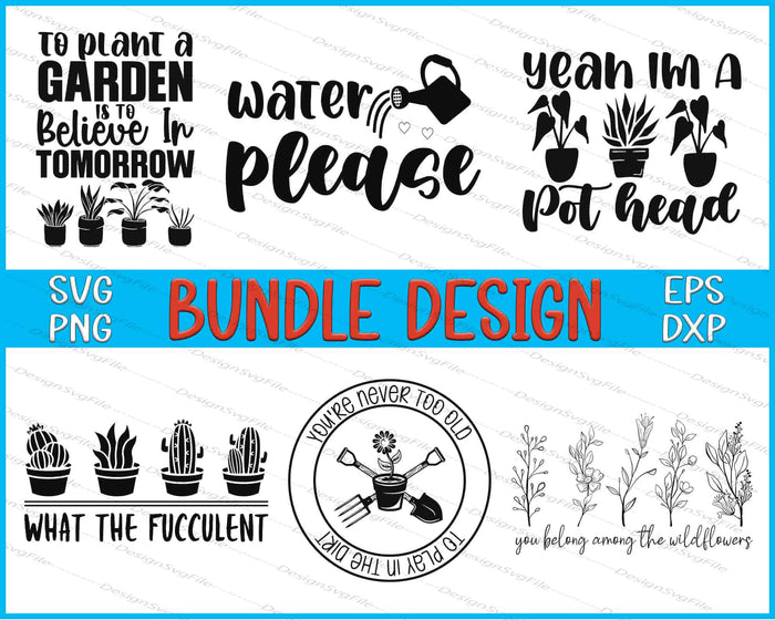 Collection of gardening-themed designs with text and illustrations on a white background.