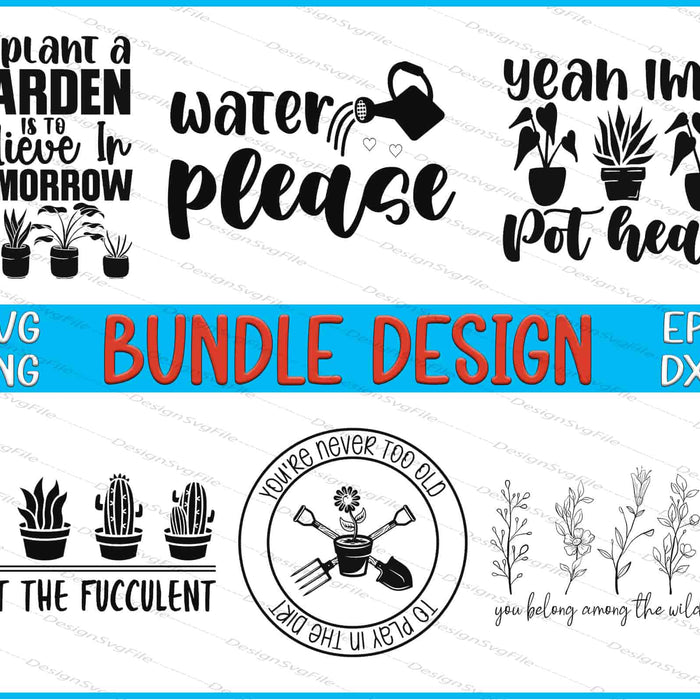 Collection of gardening-themed designs with text and illustrations on a white background.