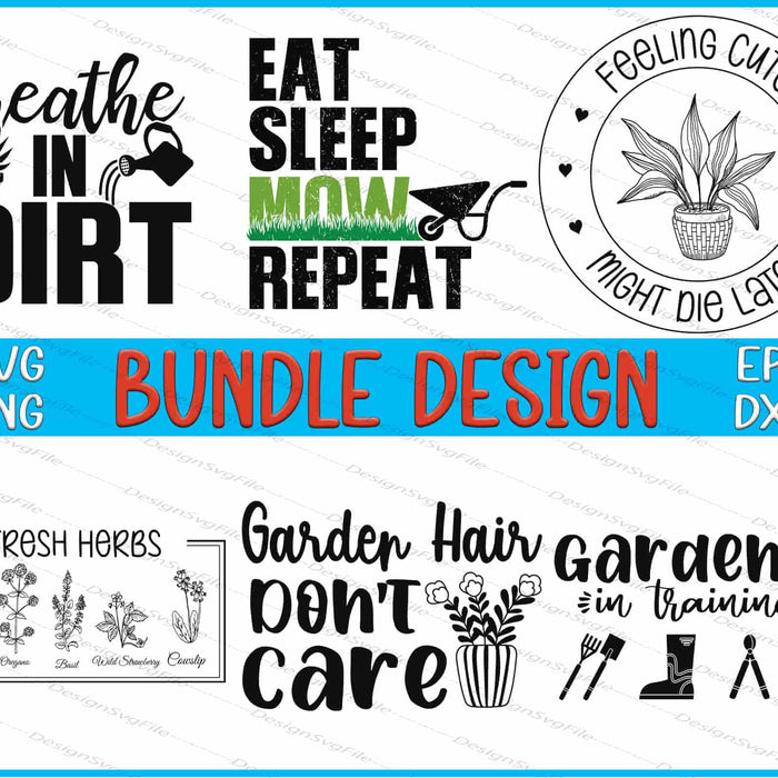 Collection of gardening-themed designs with text and icons on a white background.
