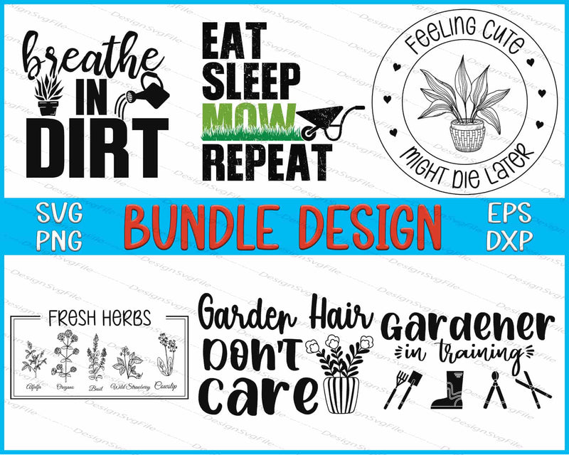 Collection of gardening-themed designs with text and icons on a white background.
