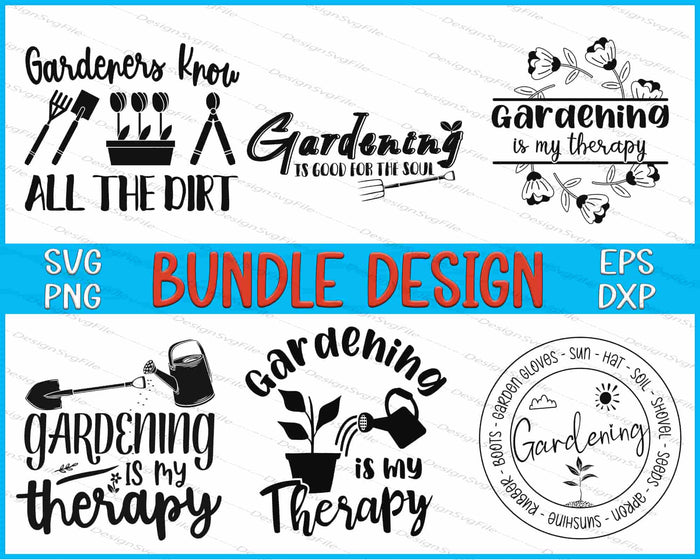 Collection of gardening-themed designs with text and icons on a blue and white background.