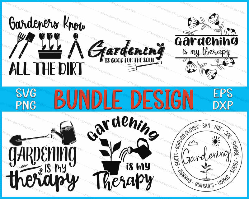 Collection of gardening-themed designs with text and icons on a blue and white background.