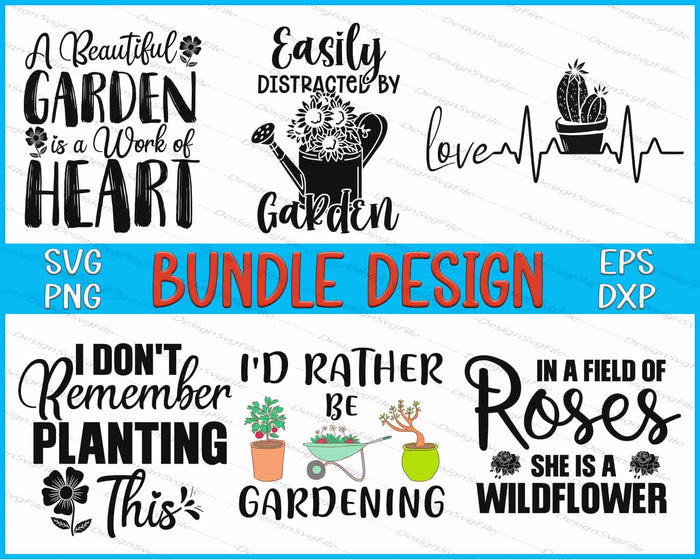 Collection of gardening-themed quotes and illustrations with a 'Bundle Design' label.