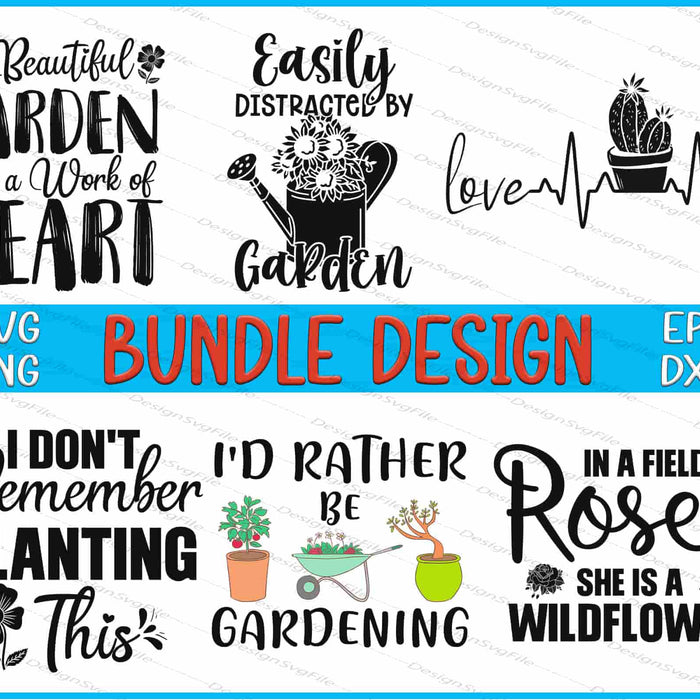 Collection of gardening-themed quotes and illustrations with a 'Bundle Design' label.