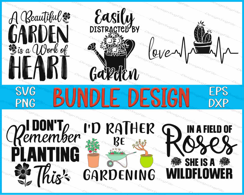 Collection of gardening-themed quotes and illustrations with a 'Bundle Design' label.