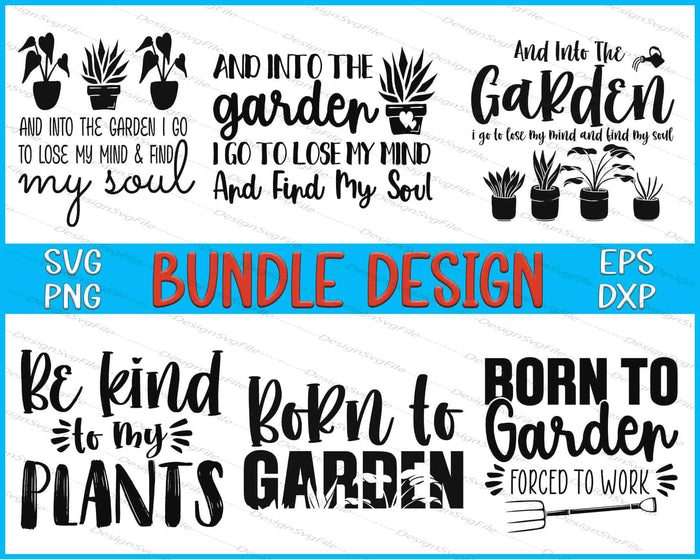 Collection of gardening-themed quotes with plants and bundle design text on a white background