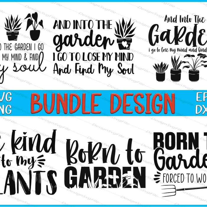 Collection of gardening-themed quotes with plants and bundle design text on a white background
