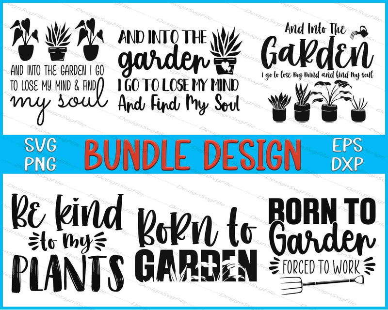 Collection of gardening-themed quotes with plants and bundle design text on a white background