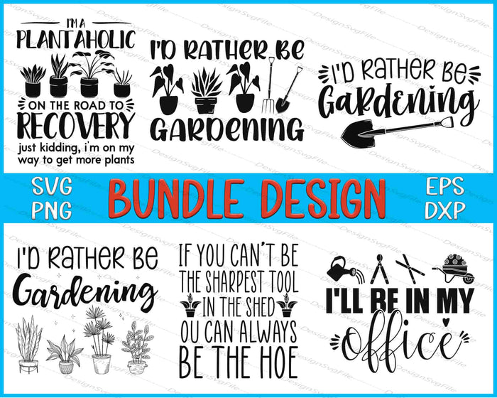 Collection of gardening-themed SVG designs with text and plant illustrations on a white background.