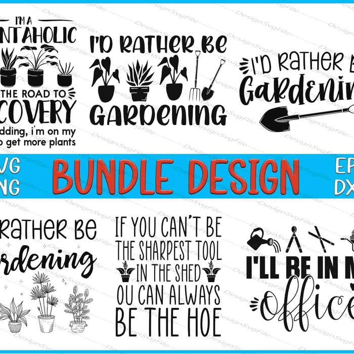Collection of gardening-themed SVG designs with text and plant illustrations on a white background.