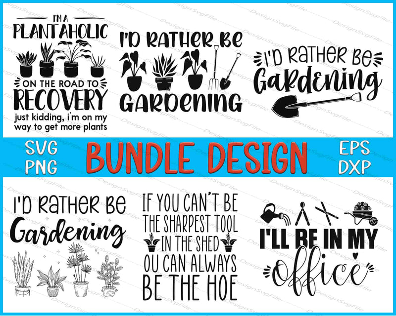 Collection of gardening-themed SVG designs with text and plant illustrations on a white background.