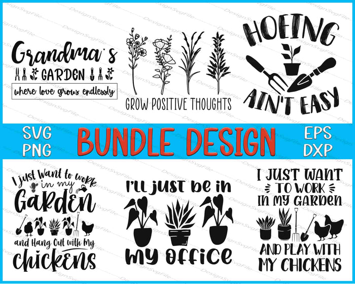 Collection of garden-themed SVG designs with text and illustrations on a white background.