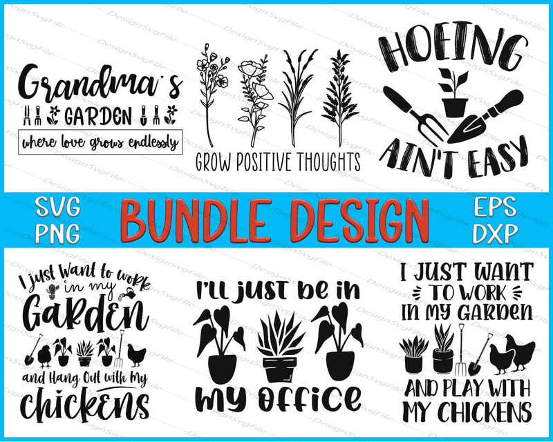 Collection of garden-themed SVG designs with text and illustrations on a white background.