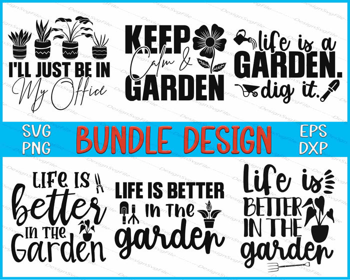 Collection of garden-themed quotes with plants and gardening tools on a white background.