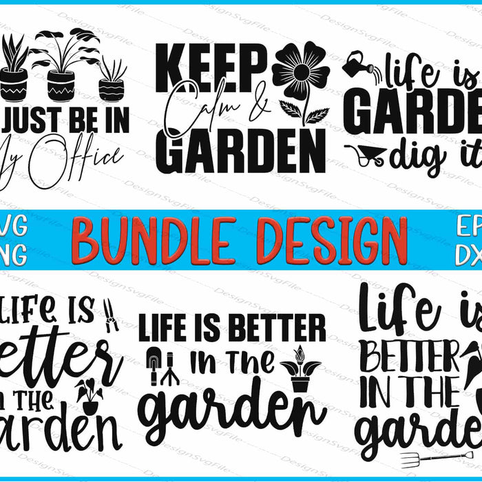 Collection of garden-themed quotes with plants and gardening tools on a white background.