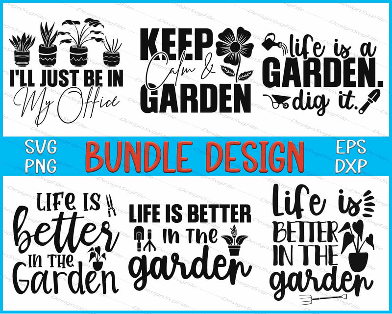 Collection of garden-themed quotes with plants and gardening tools on a white background.