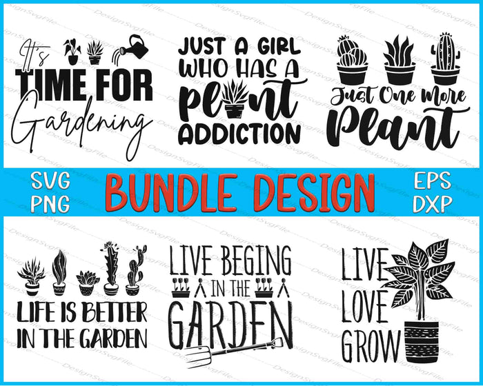Collection of gardening-themed quotes and illustrations with a bundle design label.