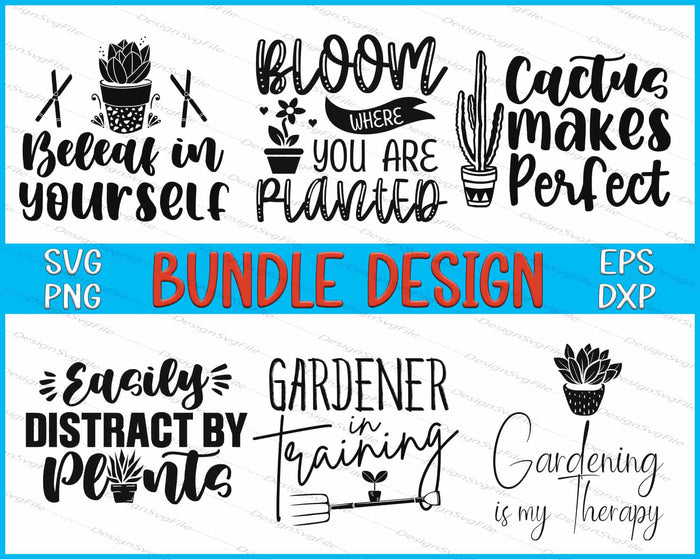 Collection of gardening-themed phrases with cactus illustrations on a blue and white background.