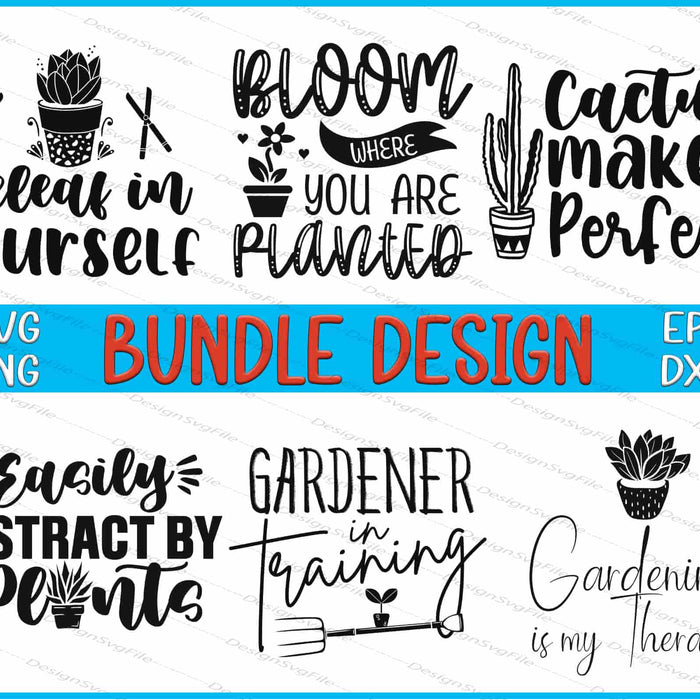 Collection of gardening-themed phrases with cactus illustrations on a blue and white background.