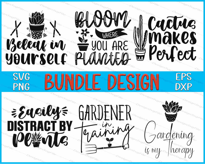 Collection of gardening-themed phrases with cactus illustrations on a blue and white background.