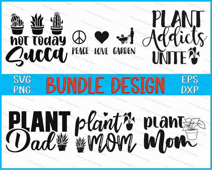 Collection of plant-themed SVG designs with text and icons on a white background.
