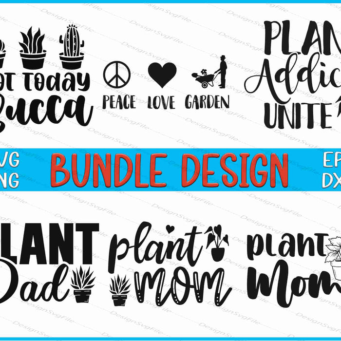 Collection of plant-themed SVG designs with text and icons on a white background.