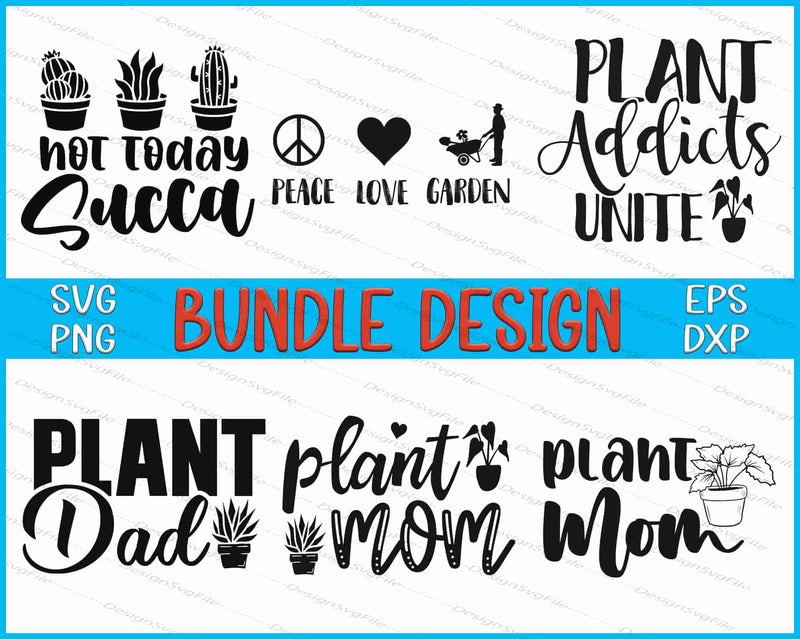 Collection of plant-themed SVG designs with text and icons on a white background.
