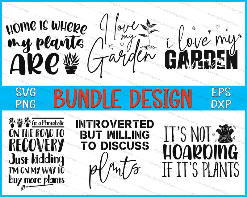Collection of gardening-themed quotes in various fonts and styles with a 'Bundle Design' label.
