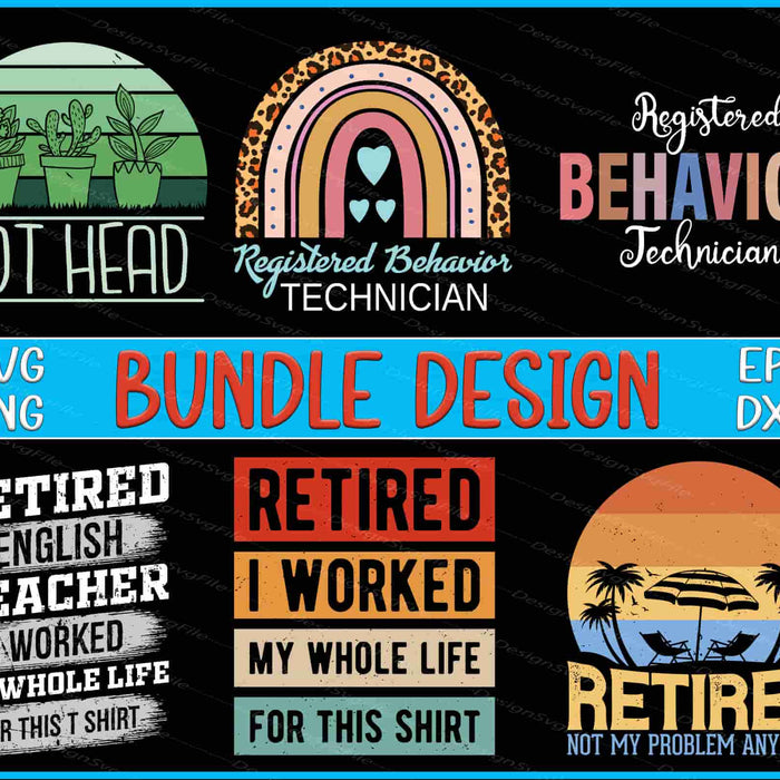 Collection of retirement-themed designs with text and graphics on a black background.