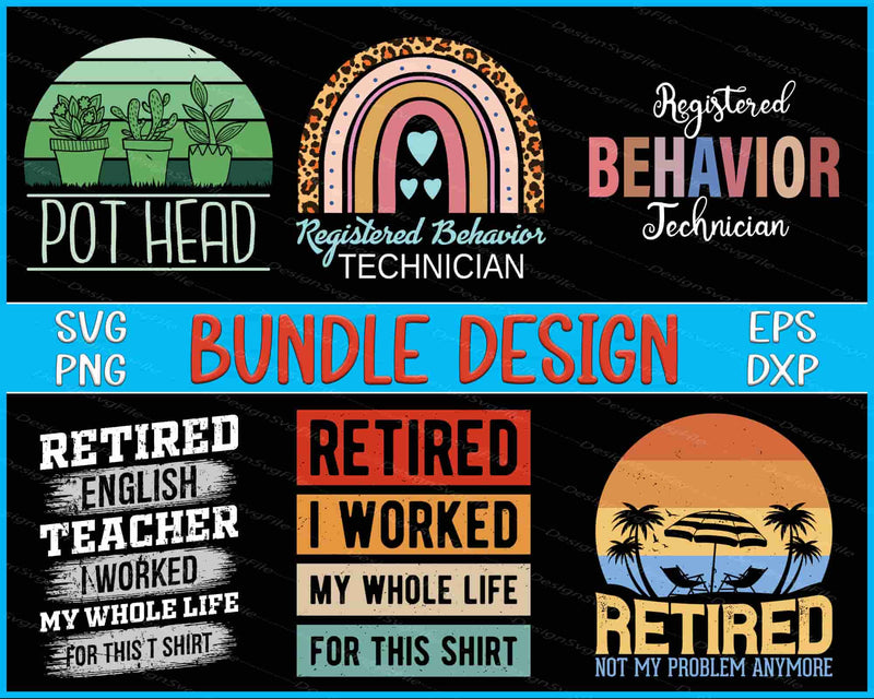 Collection of retirement-themed designs with text and graphics on a black background.