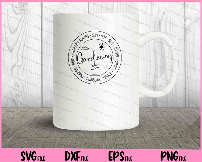Collection of gardening-themed designs with text and icons on a blue and white background.