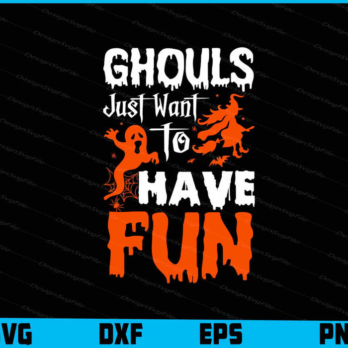 Halloween-themed text with ghost and witch graphics on a black background