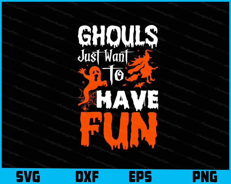 Halloween-themed text with ghost and witch graphics on a black background