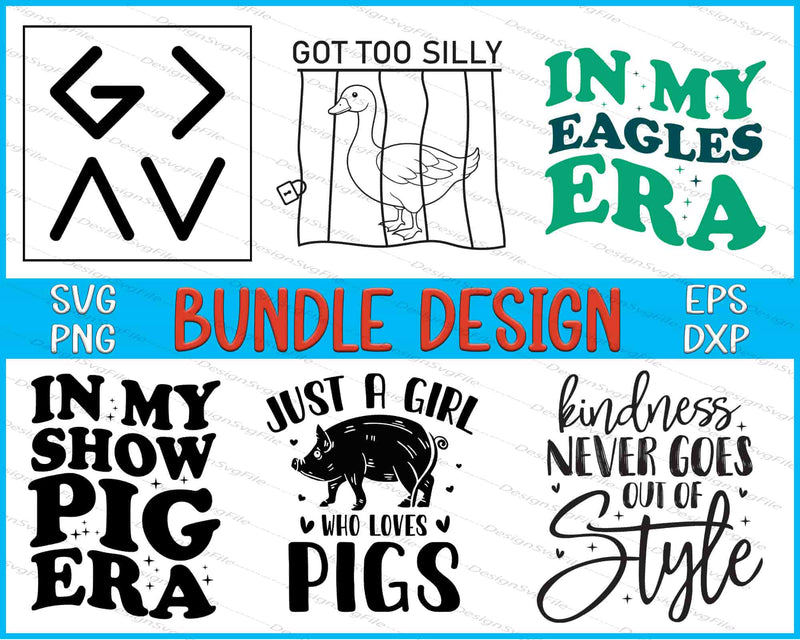 Collection of SVG and EPS designs with text and graphics on a white background