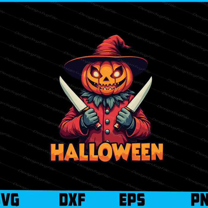 Halloween-themed design with a pumpkin head character holding knives on a black background.