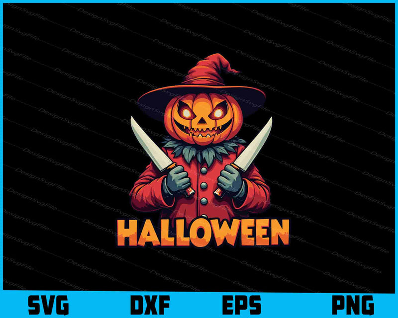 Halloween-themed design with a pumpkin head character holding knives on a black background.