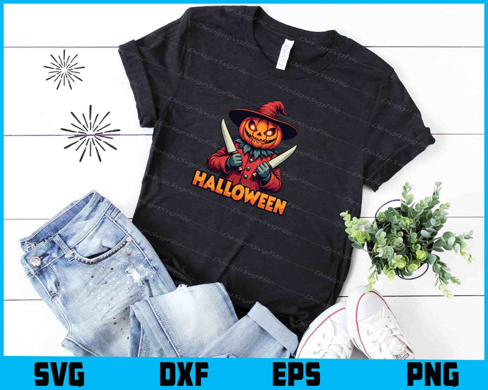 Halloween-themed design with a pumpkin head character holding knives on a black background.