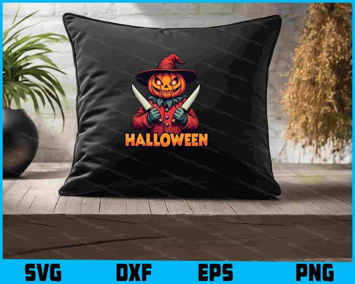 Halloween-themed design with a pumpkin head character holding knives on a black background.