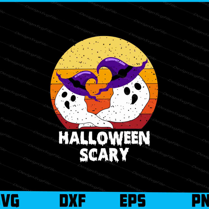 Halloween-themed design with ghosts and a purple witch hat on a black background, featuring file format options at the bottom.