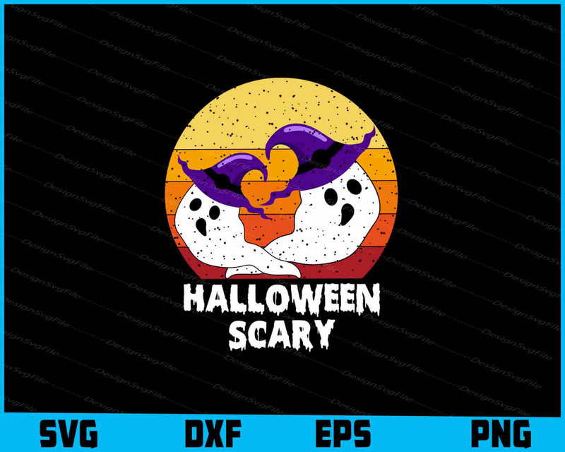 Halloween-themed design with ghosts and a purple witch hat on a black background, featuring file format options at the bottom.